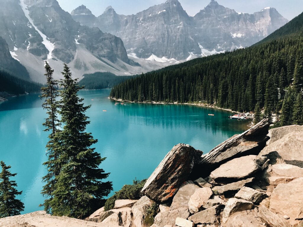 Moraine Lake in Alberta on a sunny day.