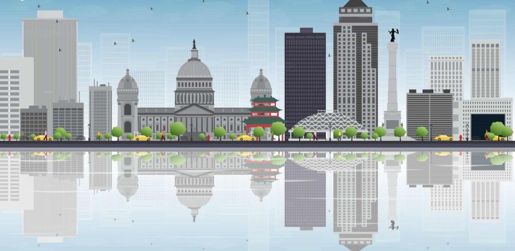 Illustrated skyline of des Moines, Iowa.