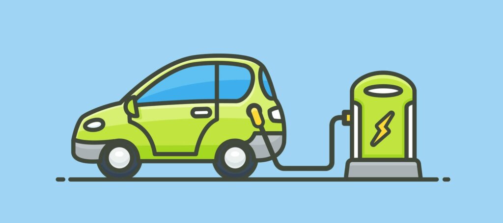 Illustration of a green electric vehicle and charging station.
