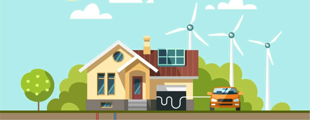 Illustration of a smart energy home - solar panels on rooftop, geothermal energy, electric vehicle charging and wind mills in the background.