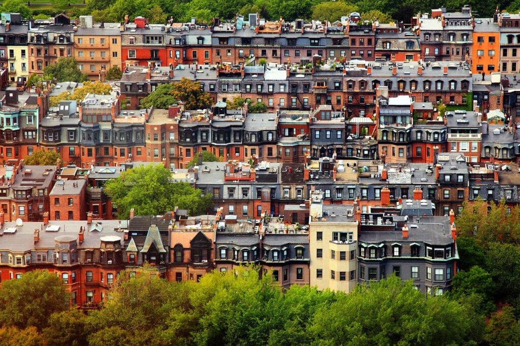 Boston residential homes in rows.