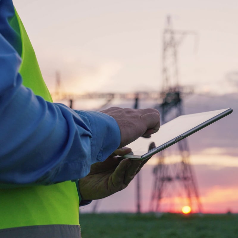 Utility worker using tablet in front of transmission tower