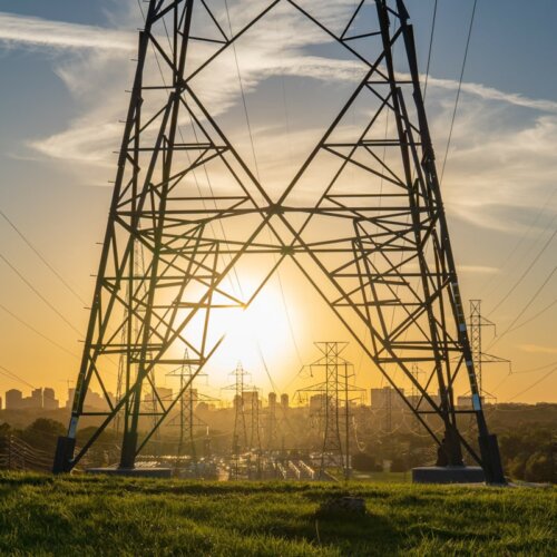 Base de pylône électrique devant la ville de Toronto, soleil au loin